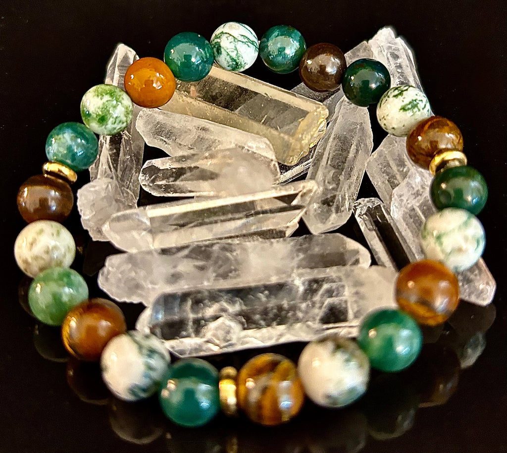 Moss Agate & Tiger Eye Gemstone Bracelet – 8mm Beads for Strength, Healing & Protection | | Wiccan Center