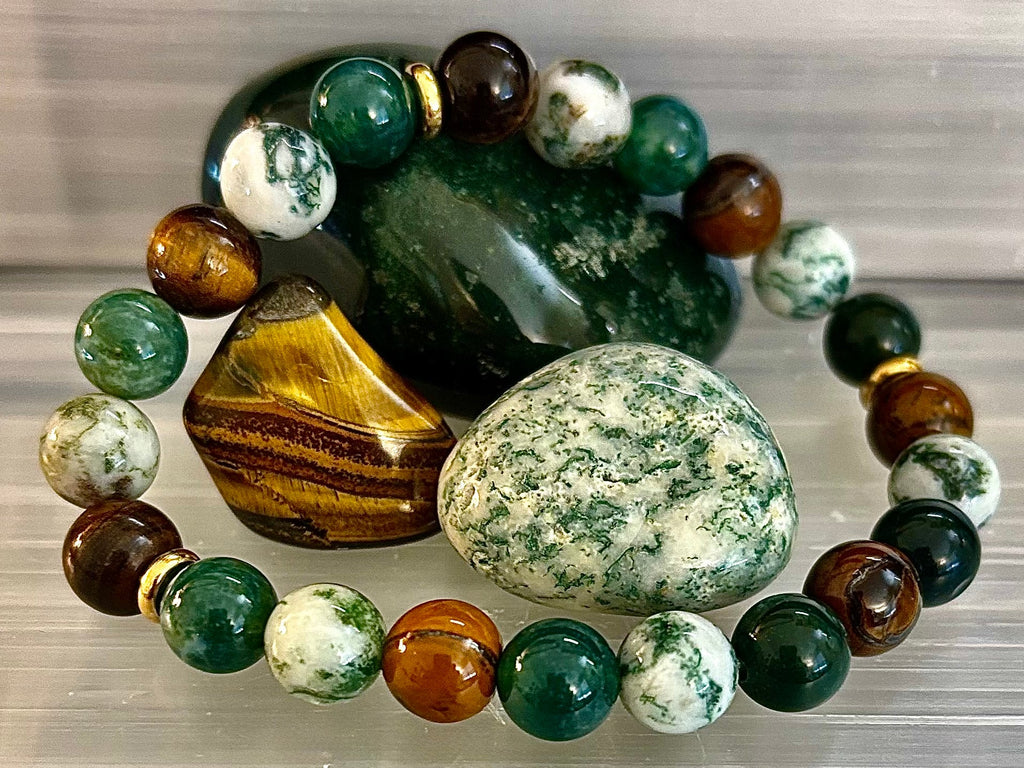 Moss Agate & Tiger Eye Gemstone Bracelet – 8mm Beads for Strength, Healing & Protection | | Wiccan Center