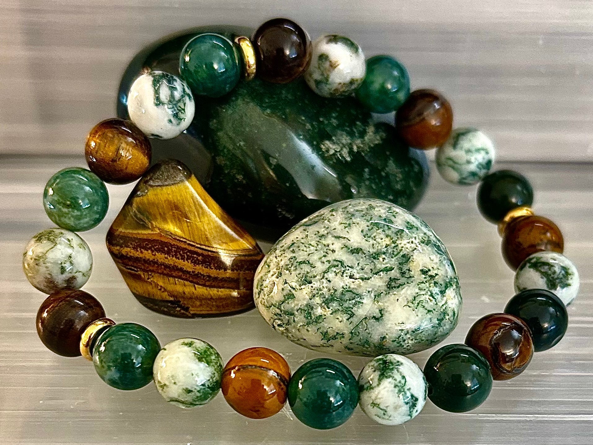Moss Agate & Tiger Eye Gemstone Bracelet – 8mm Beads for Strength, Healing & Protection | | Wiccan Center