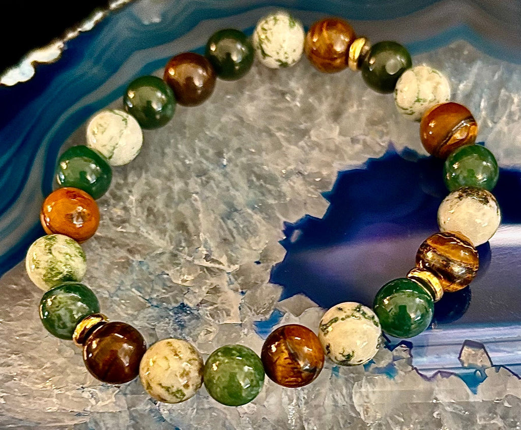Moss Agate & Tiger Eye Gemstone Bracelet – 8mm Beads for Strength, Healing & Protection | | Wiccan Center