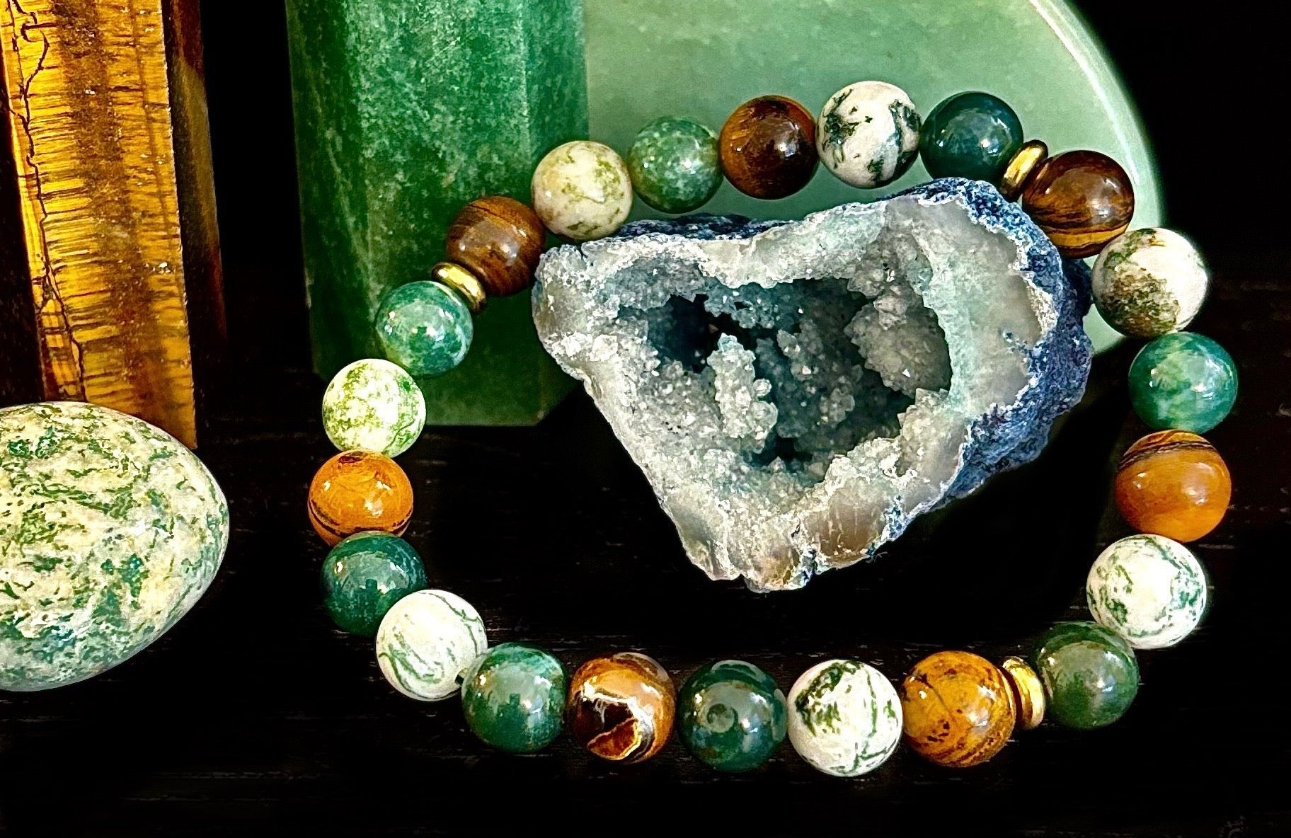 Moss Agate & Tiger Eye Gemstone Bracelet – 8mm Beads for Strength, Healing & Protection | | Wiccan Center