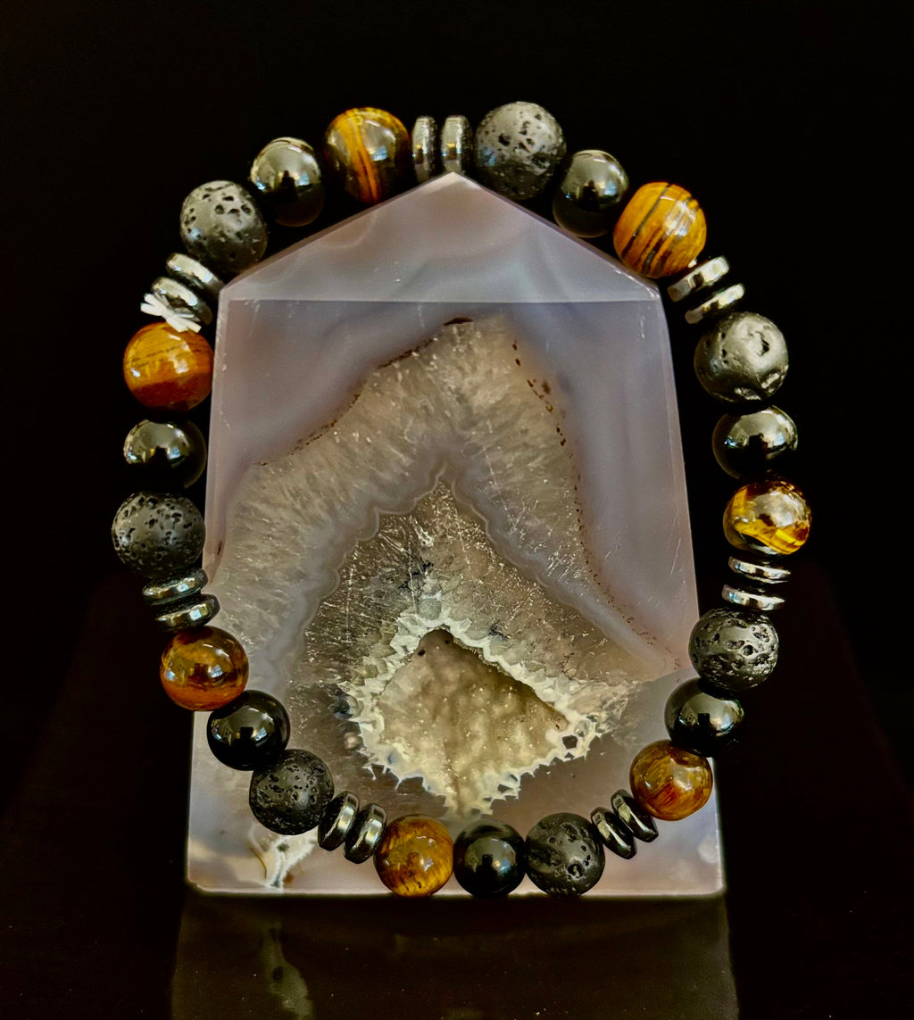 Men's Energy Bracelet – Tiger Eye, Black Onyx & Lava Rock with Black Metal Spacers (Fits Large Wrists) | | Wiccan Center