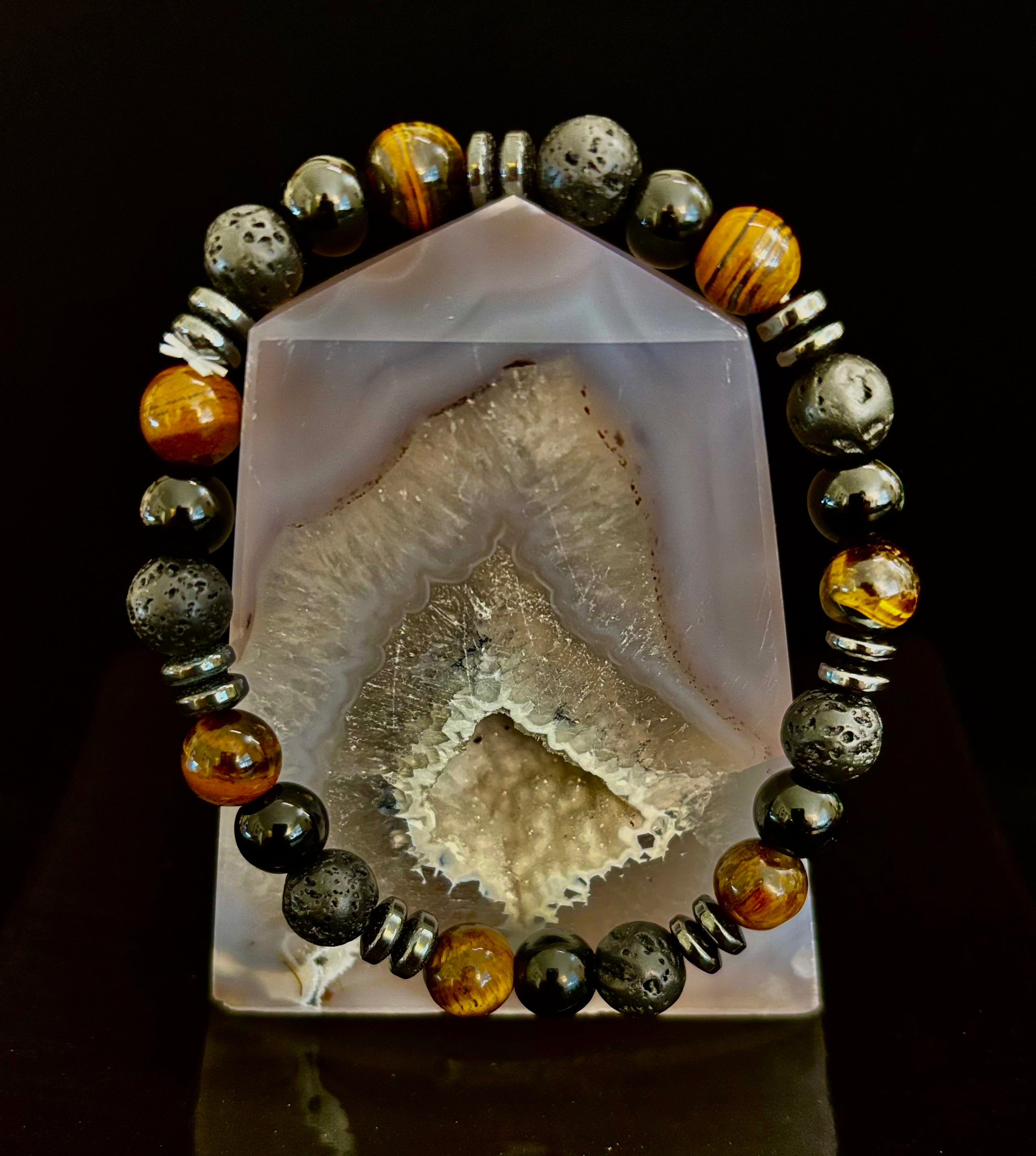 Men's Energy Bracelet – Tiger Eye, Black Onyx & Lava Rock with Black Metal Spacers (Fits Large Wrists) | | Wiccan Center