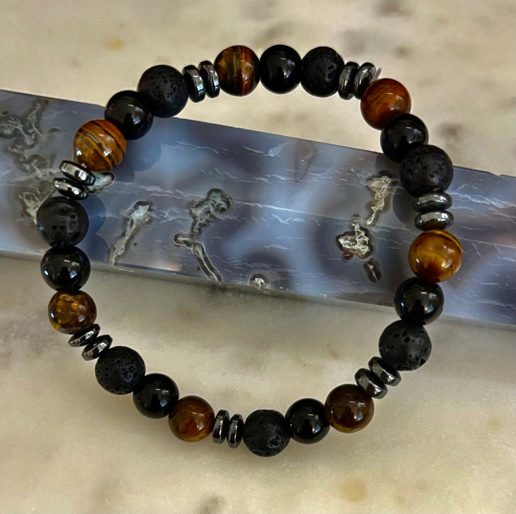 Men's Energy Bracelet – Tiger Eye, Black Onyx & Lava Rock with Black Metal Spacers (Fits Large Wrists) | | Wiccan Center
