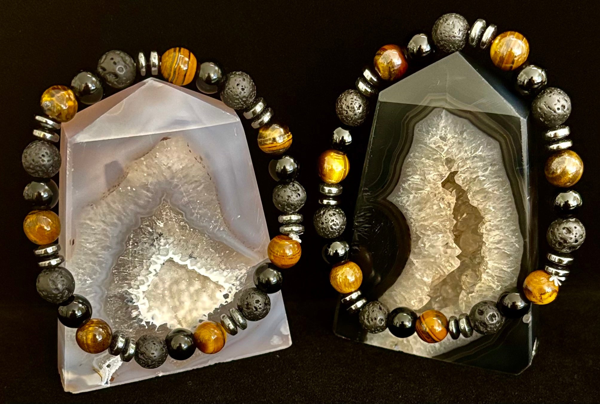 Men's Energy Bracelet – Tiger Eye, Black Onyx & Lava Rock with Black Metal Spacers (Fits Large Wrists) | | Wiccan Center