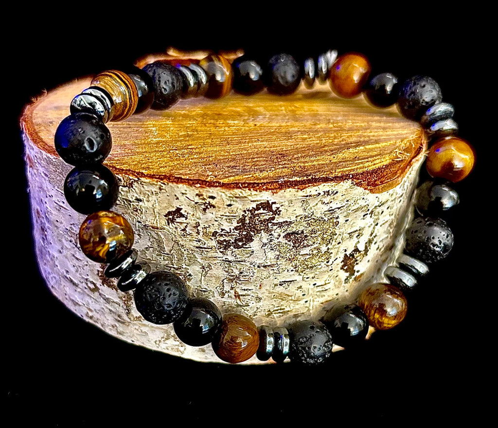 Men's Energy Bracelet – Tiger Eye, Black Onyx & Lava Rock with Black Metal Spacers (Fits Large Wrists) | | Wiccan Center