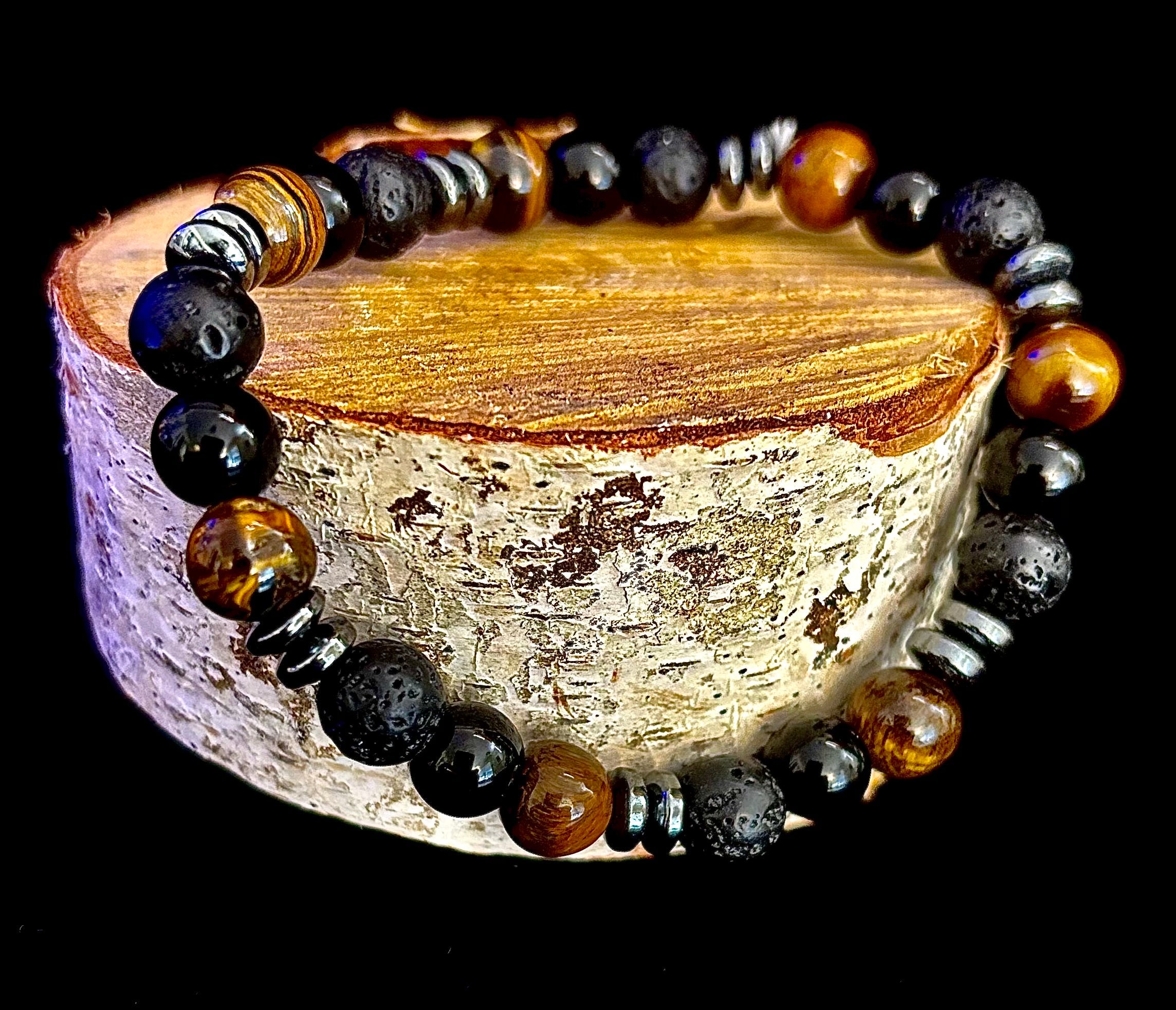 Men's Energy Bracelet – Tiger Eye, Black Onyx & Lava Rock with Black Metal Spacers (Fits Large Wrists) | | Wiccan Center