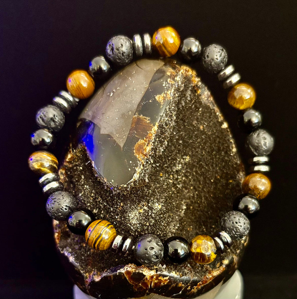 Men's Energy Bracelet – Tiger Eye, Black Onyx & Lava Rock with Black Metal Spacers (Fits Large Wrists) | | Wiccan Center