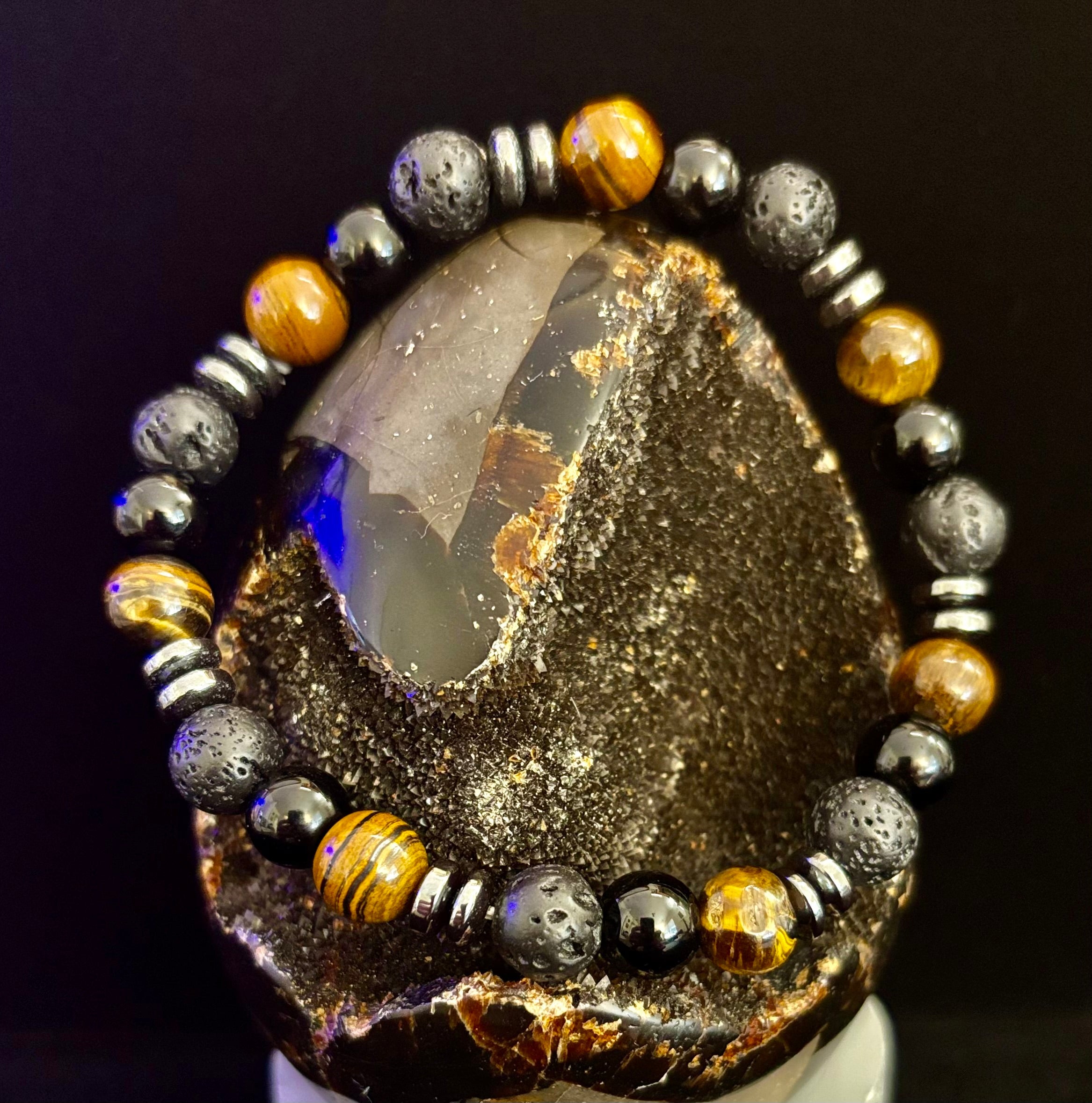 Men's Energy Bracelet – Tiger Eye, Black Onyx & Lava Rock with Black Metal Spacers (Fits Large Wrists) | | Wiccan Center