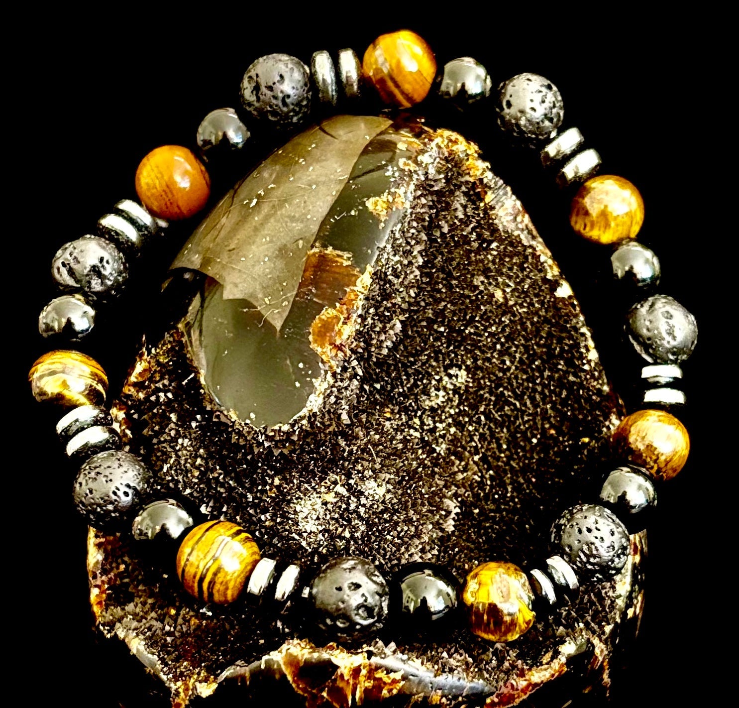 Men's Energy Bracelet – Tiger Eye, Black Onyx & Lava Rock with Black Metal Spacers (Fits Large Wrists) | | Wiccan Center