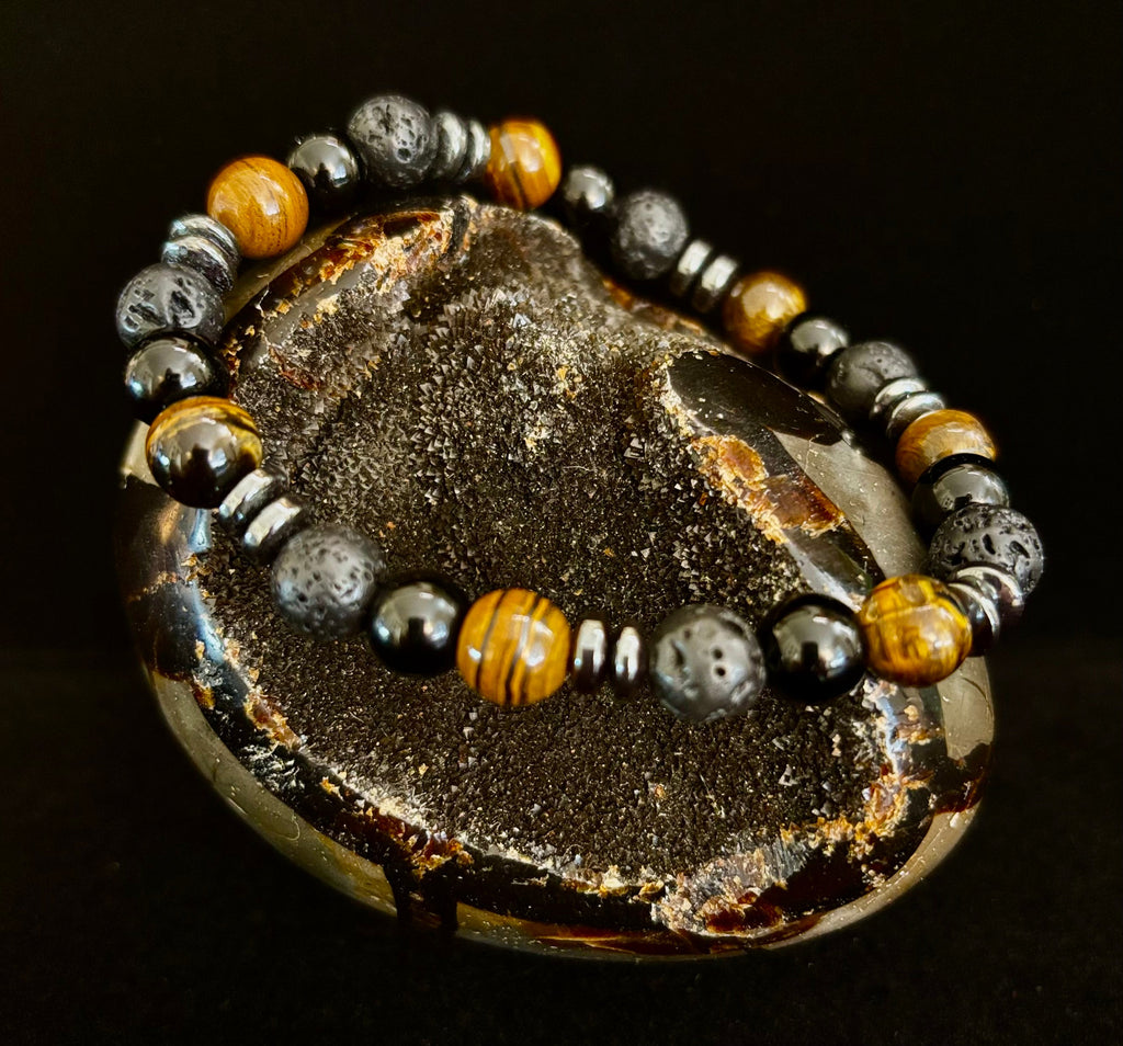 Men's Energy Bracelet – Tiger Eye, Black Onyx & Lava Rock with Black Metal Spacers (Fits Large Wrists) | | Wiccan Center