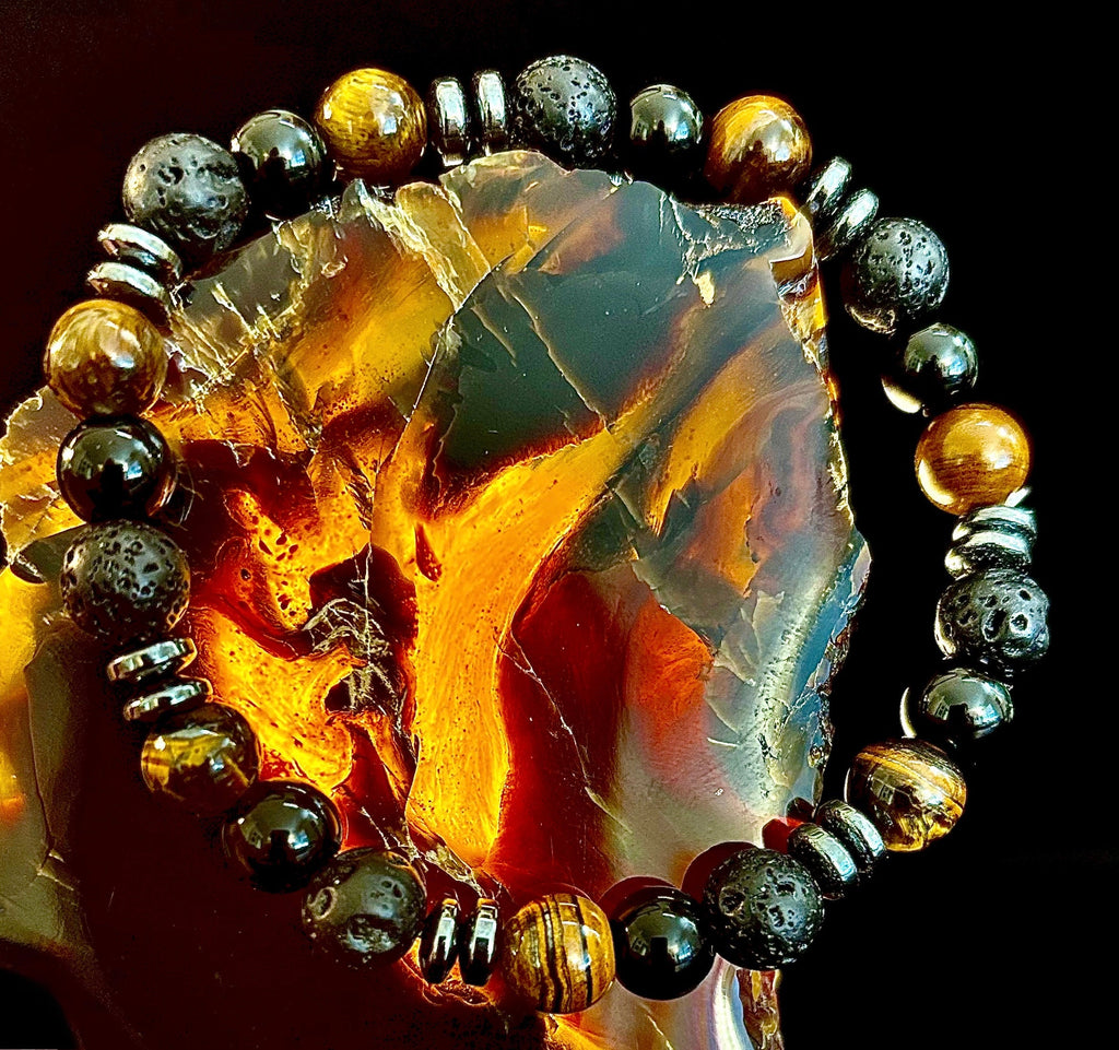 Men's Energy Bracelet – Tiger Eye, Black Onyx & Lava Rock with Black Metal Spacers (Fits Large Wrists) | | Wiccan Center