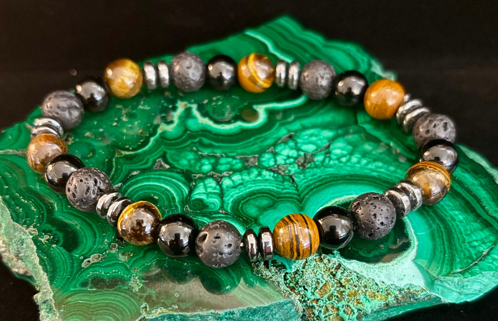 Men's Energy Bracelet – Tiger Eye, Black Onyx & Lava Rock with Black Metal Spacers (Fits Large Wrists) | | Wiccan Center