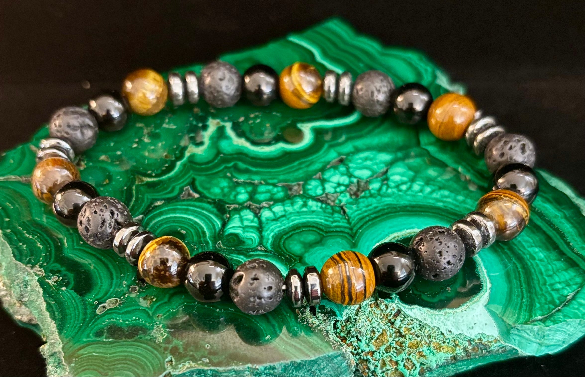 Men's Energy Bracelet – Tiger Eye, Black Onyx & Lava Rock with Black Metal Spacers (Fits Large Wrists) | | Wiccan Center
