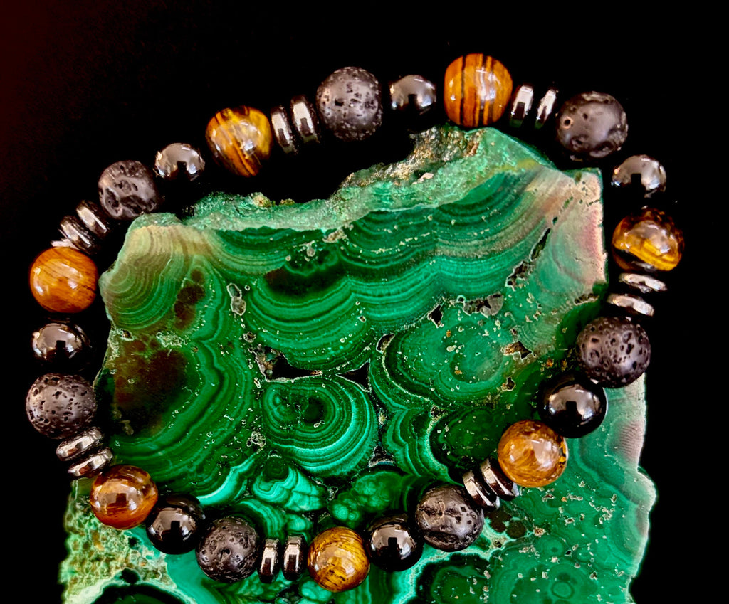 Men's Energy Bracelet – Tiger Eye, Black Onyx & Lava Rock with Black Metal Spacers (Fits Large Wrists) | | Wiccan Center