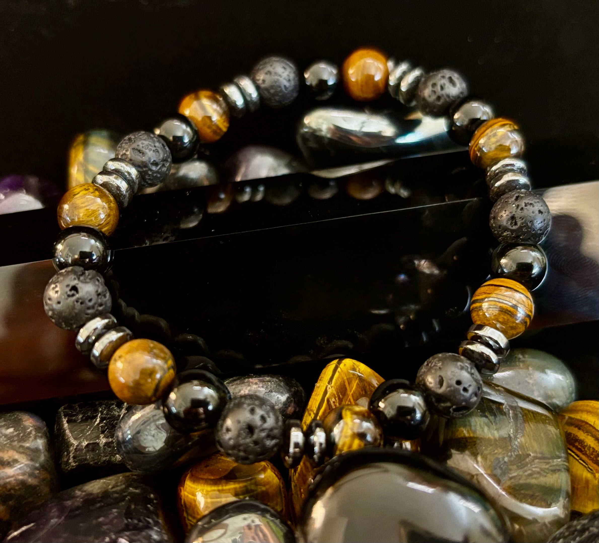 Men's Energy Bracelet – Tiger Eye, Black Onyx & Lava Rock with Black Metal Spacers (Fits Large Wrists) | | Wiccan Center