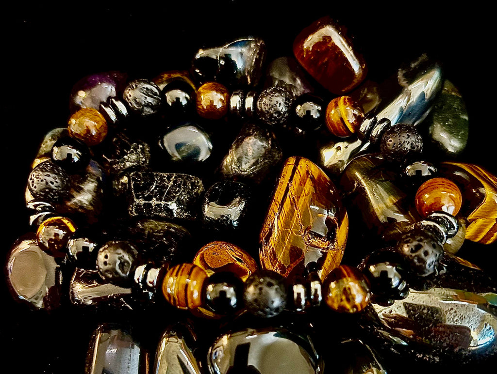 Men's Energy Bracelet – Tiger Eye, Black Onyx & Lava Rock with Black Metal Spacers (Fits Large Wrists) | | Wiccan Center