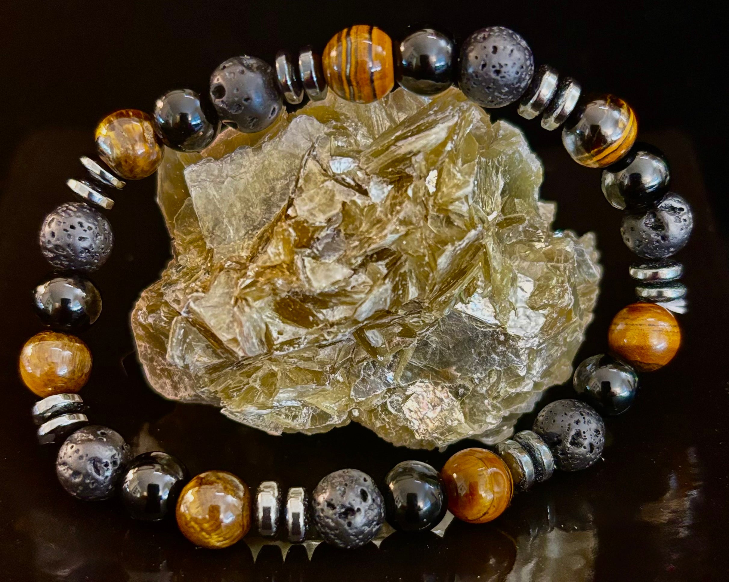 Men's Energy Bracelet – Tiger Eye, Black Onyx & Lava Rock with Black Metal Spacers (Fits Large Wrists) | | Wiccan Center