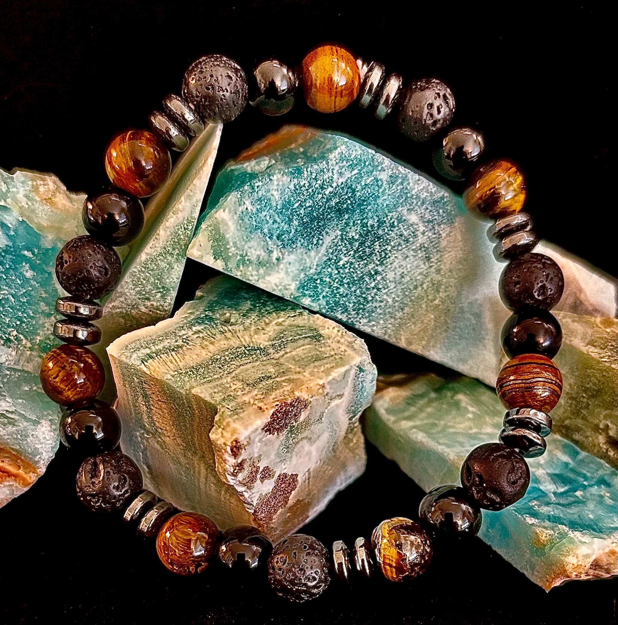 Men's Energy Bracelet – Tiger Eye, Black Onyx & Lava Rock with Black Metal Spacers (Fits Large Wrists) | | Wiccan Center