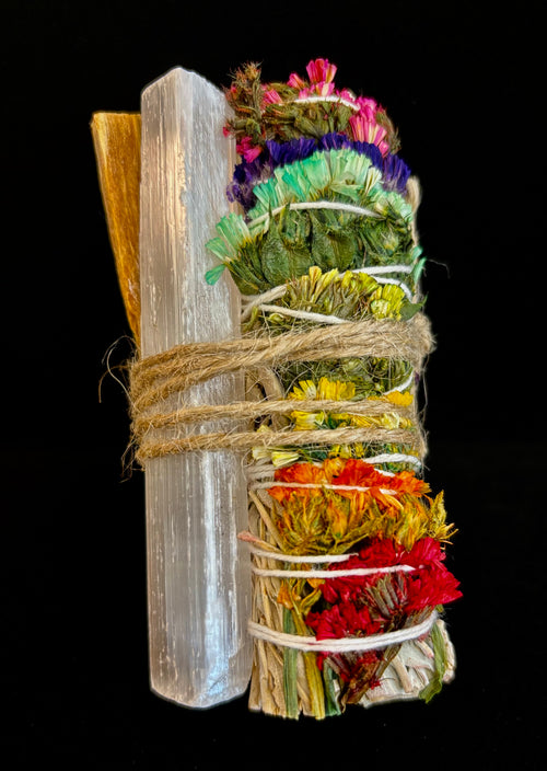 4" Chakra Sage Smudge Stick with Palo Santo & Raw Selenite – Ethically Sourced from Mexico | | Wiccan Center