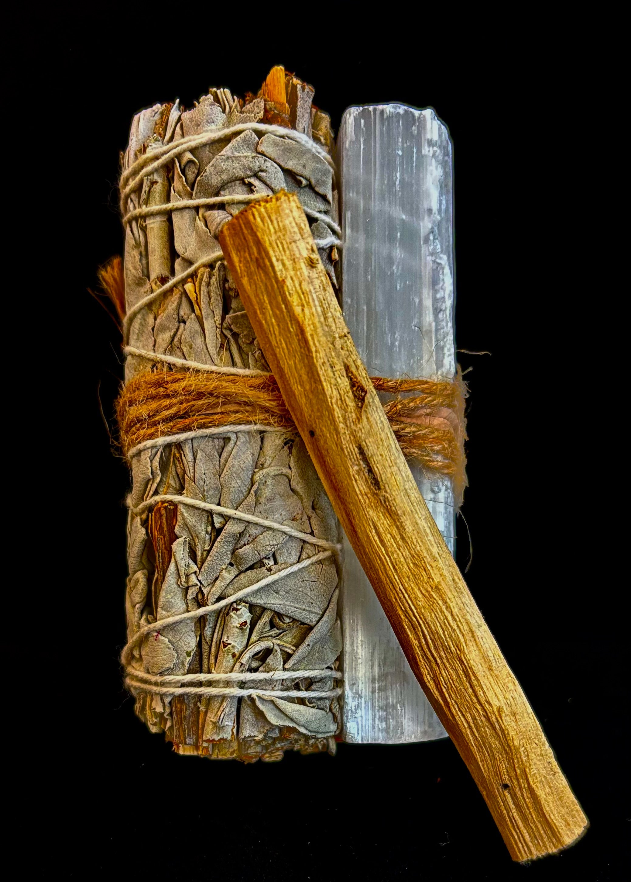 4" Chakra Sage Smudge Stick with Palo Santo & Raw Selenite – Ethically Sourced from Mexico | | Wiccan Center