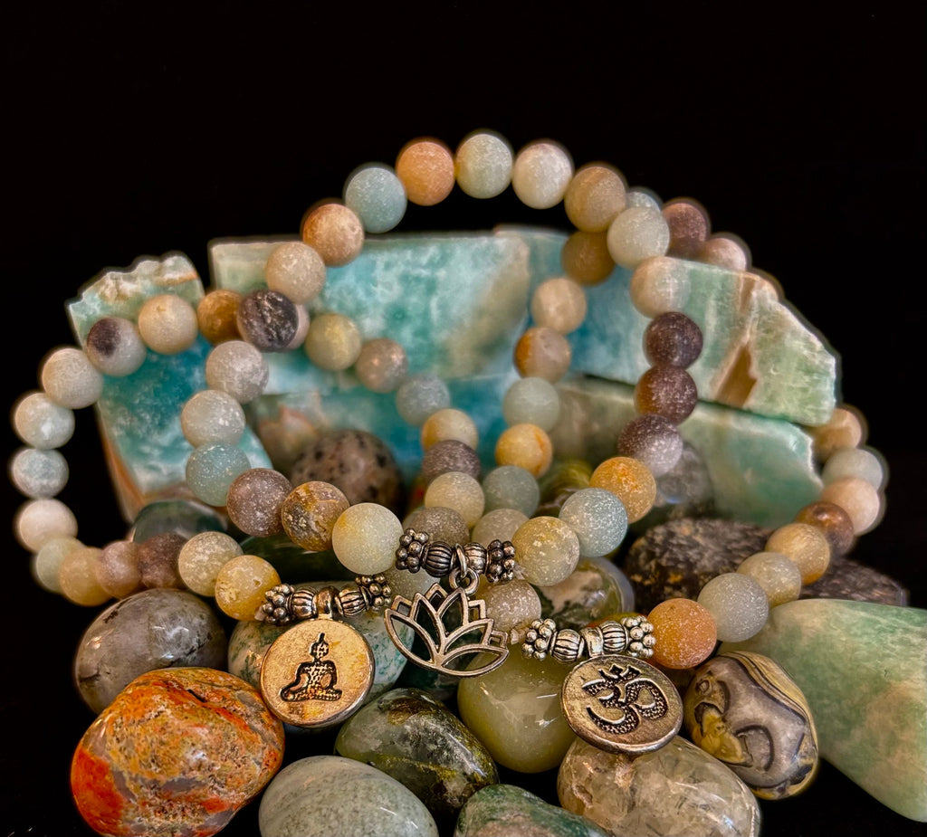 Amazonite Healing Chakra Bracelet – 3 Charm Choices: Lotus, Buddha, or Om | | Wiccan Center
