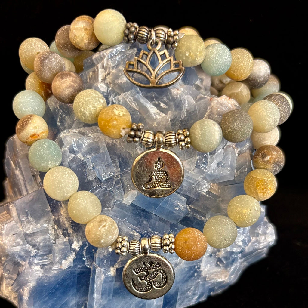 Amazonite Healing Chakra Bracelet – 3 Charm Choices: Lotus, Buddha, or Om | | Wiccan Center