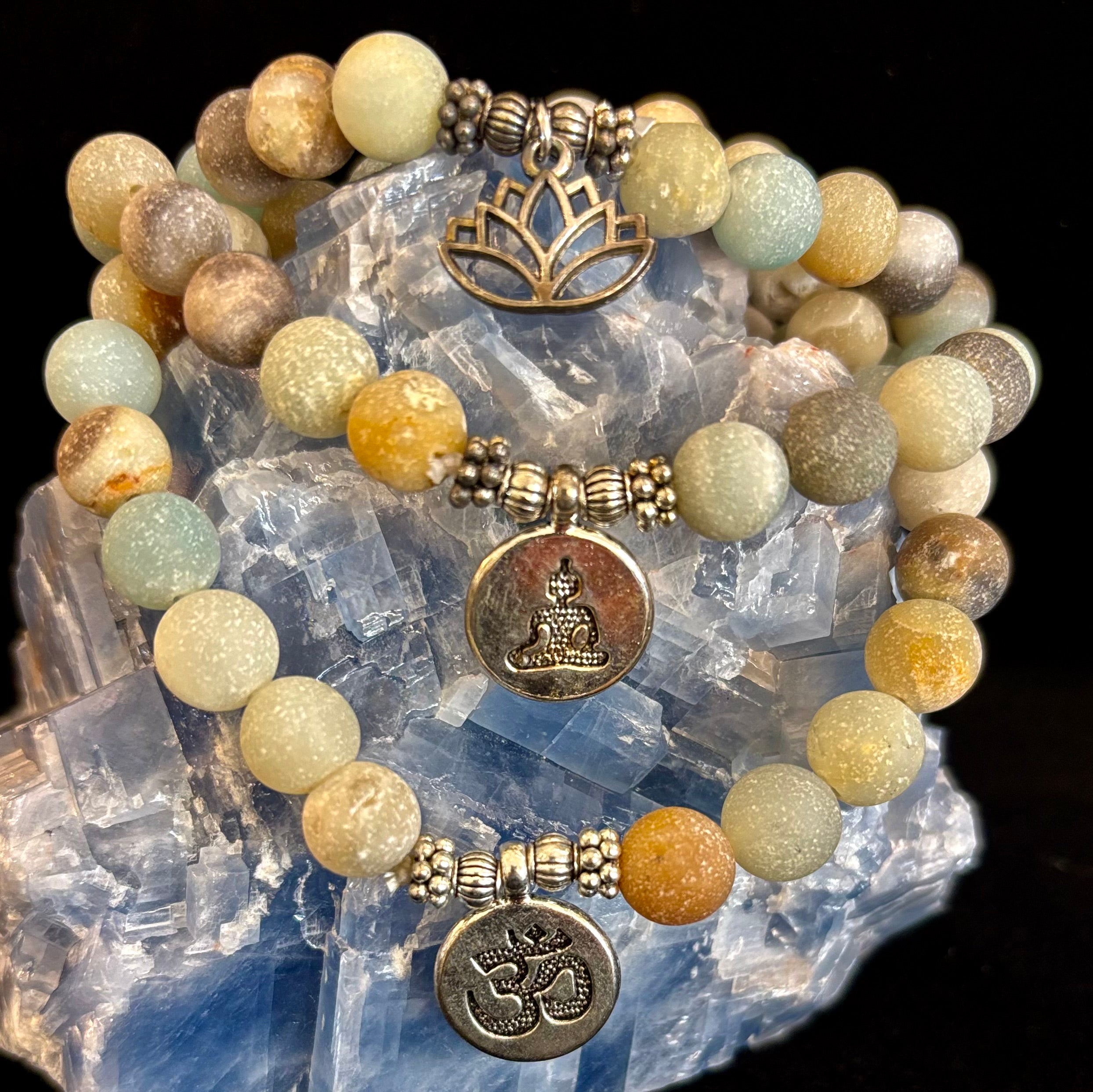 Amazonite Healing Chakra Bracelet – 3 Charm Choices: Lotus, Buddha, or Om | | Wiccan Center