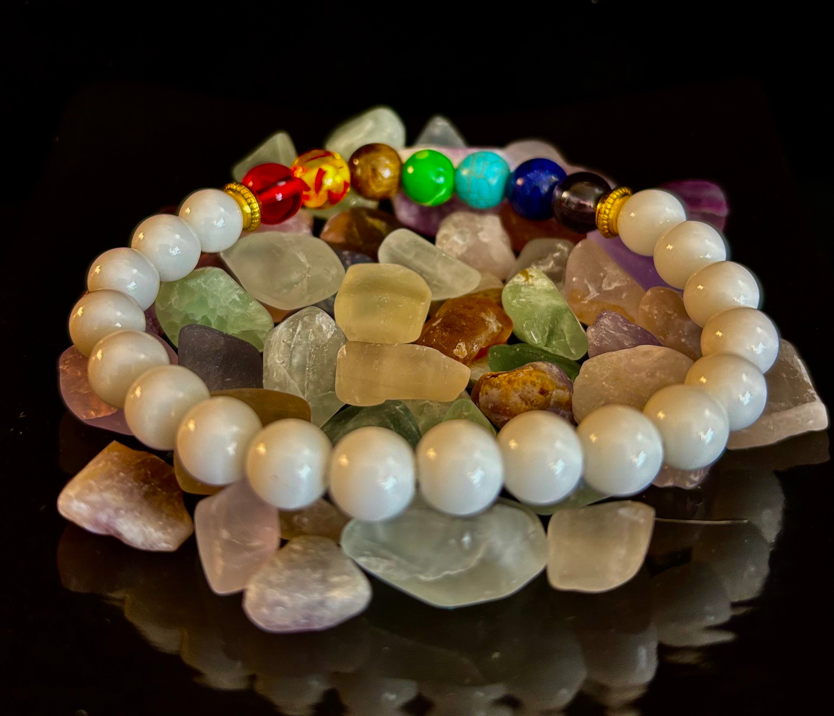 Chakra Energy Healing Bracelet – White Porcelain Beads – Medium Wrists | | Wiccan Center