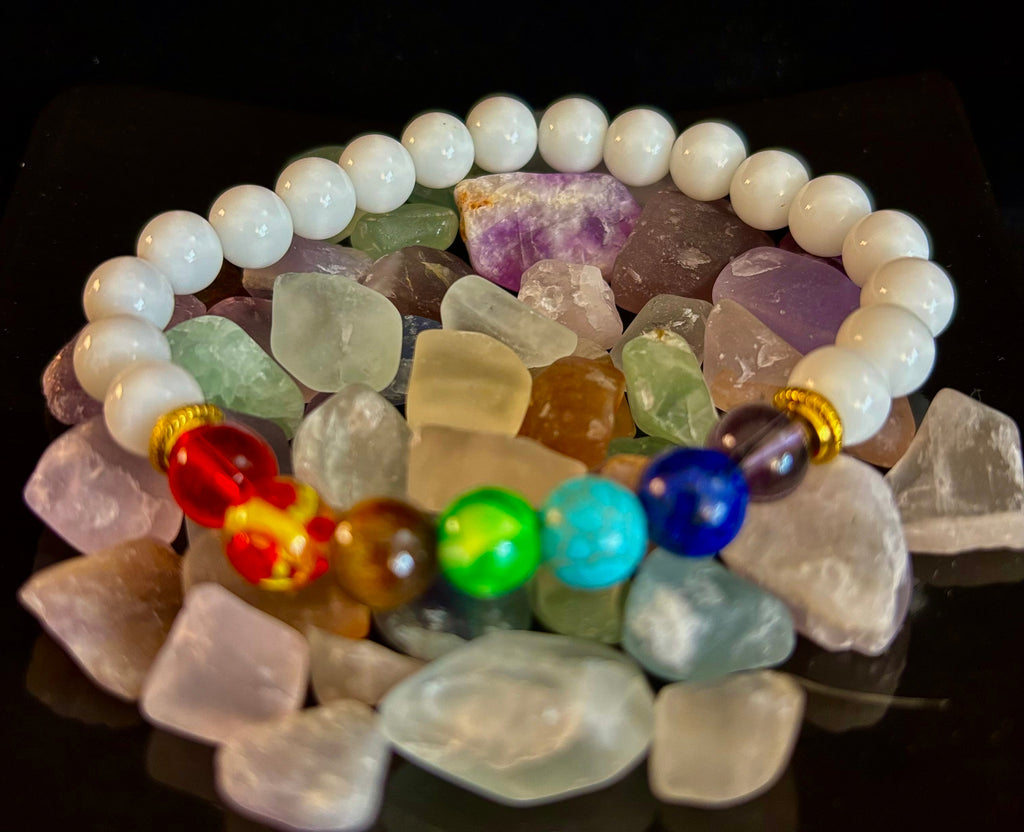 Chakra Energy Healing Bracelet – White Porcelain Beads – Medium Wrists | | Wiccan Center