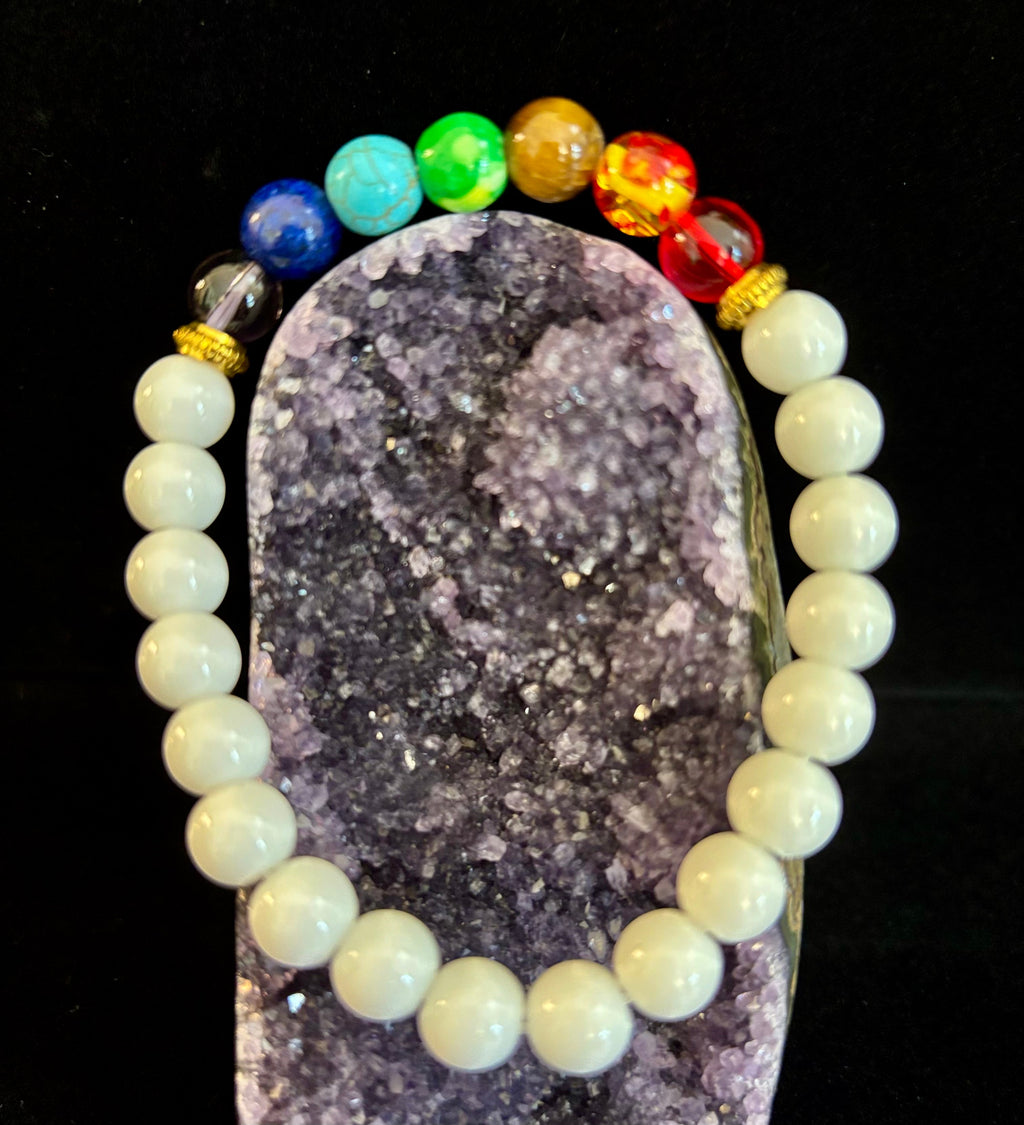 Chakra Energy Healing Bracelet – White Porcelain Beads – Medium Wrists | | Wiccan Center
