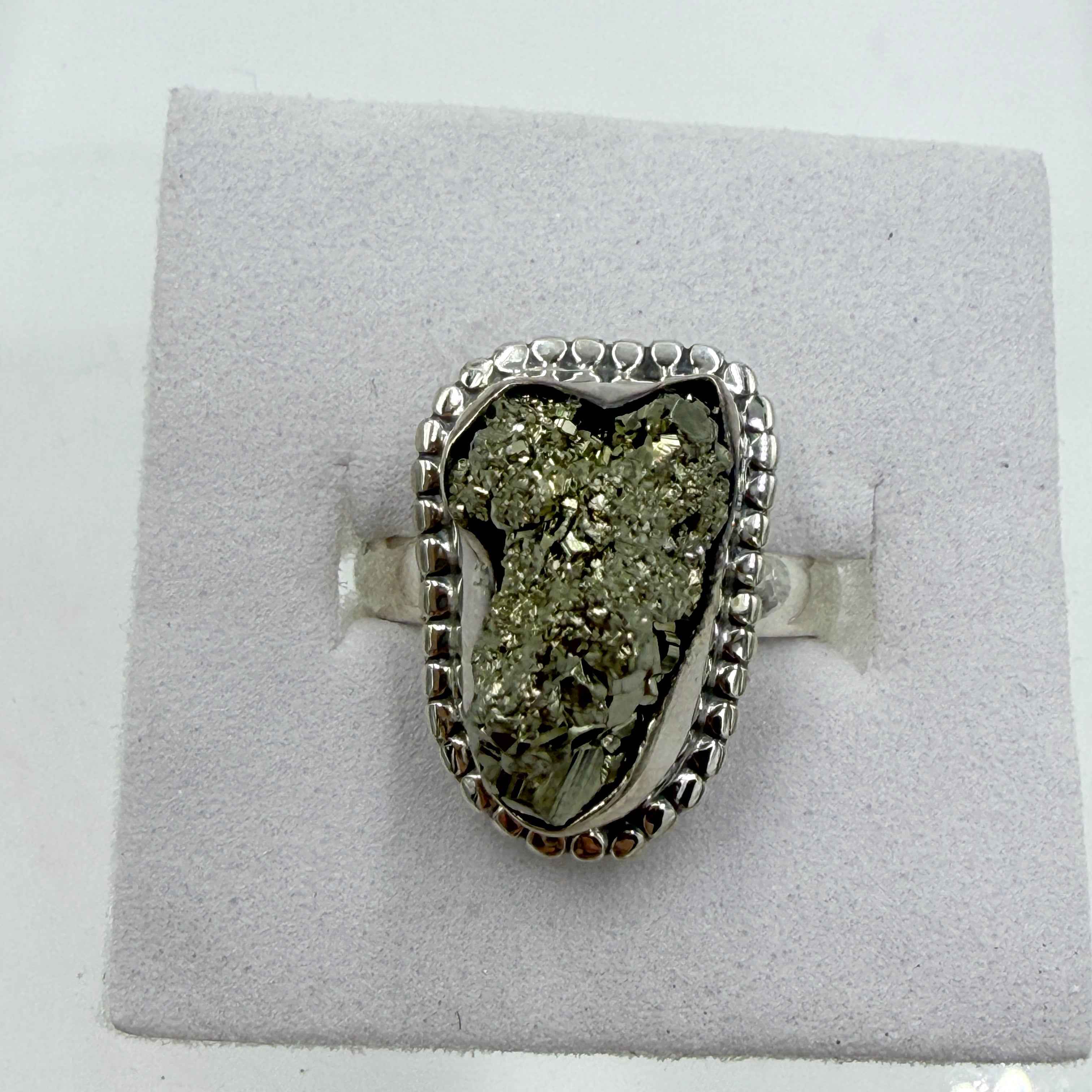 Sterling Silver Bezeled Rough Pyrite Ring - Size 7 - Protective, Abundant & Grounding | Rings | Wiccan Center