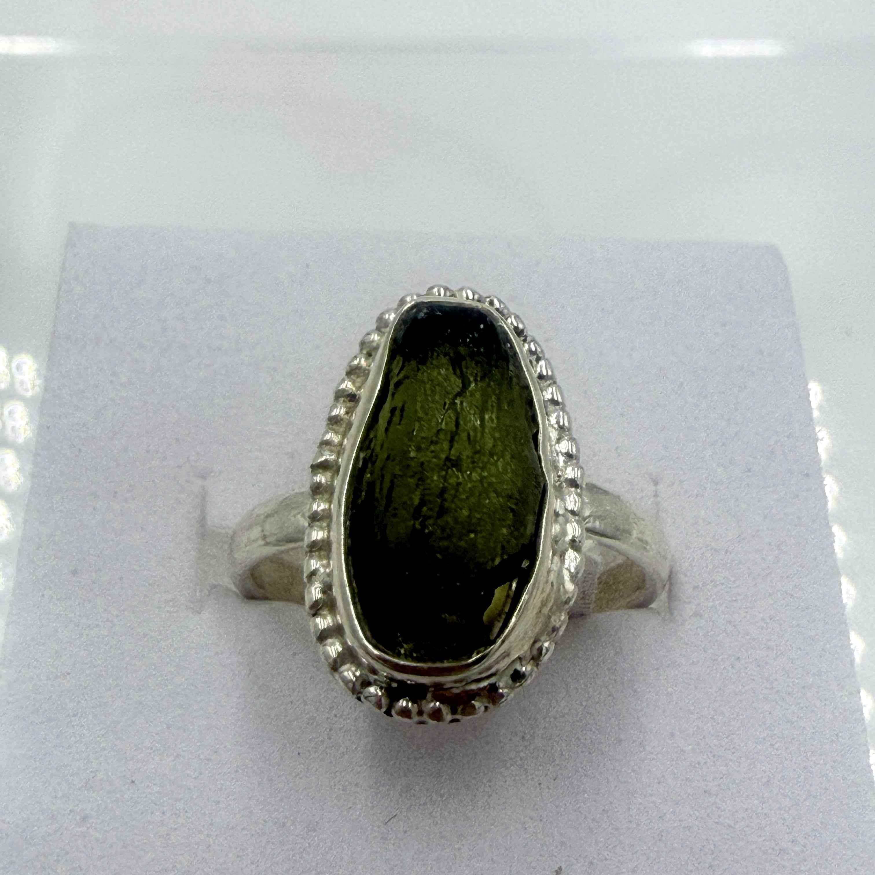 Sterling Silver Bezeled Moldavite Ring - Size 6 - Transformation, Growth & Awakening | Rings | Wiccan Center