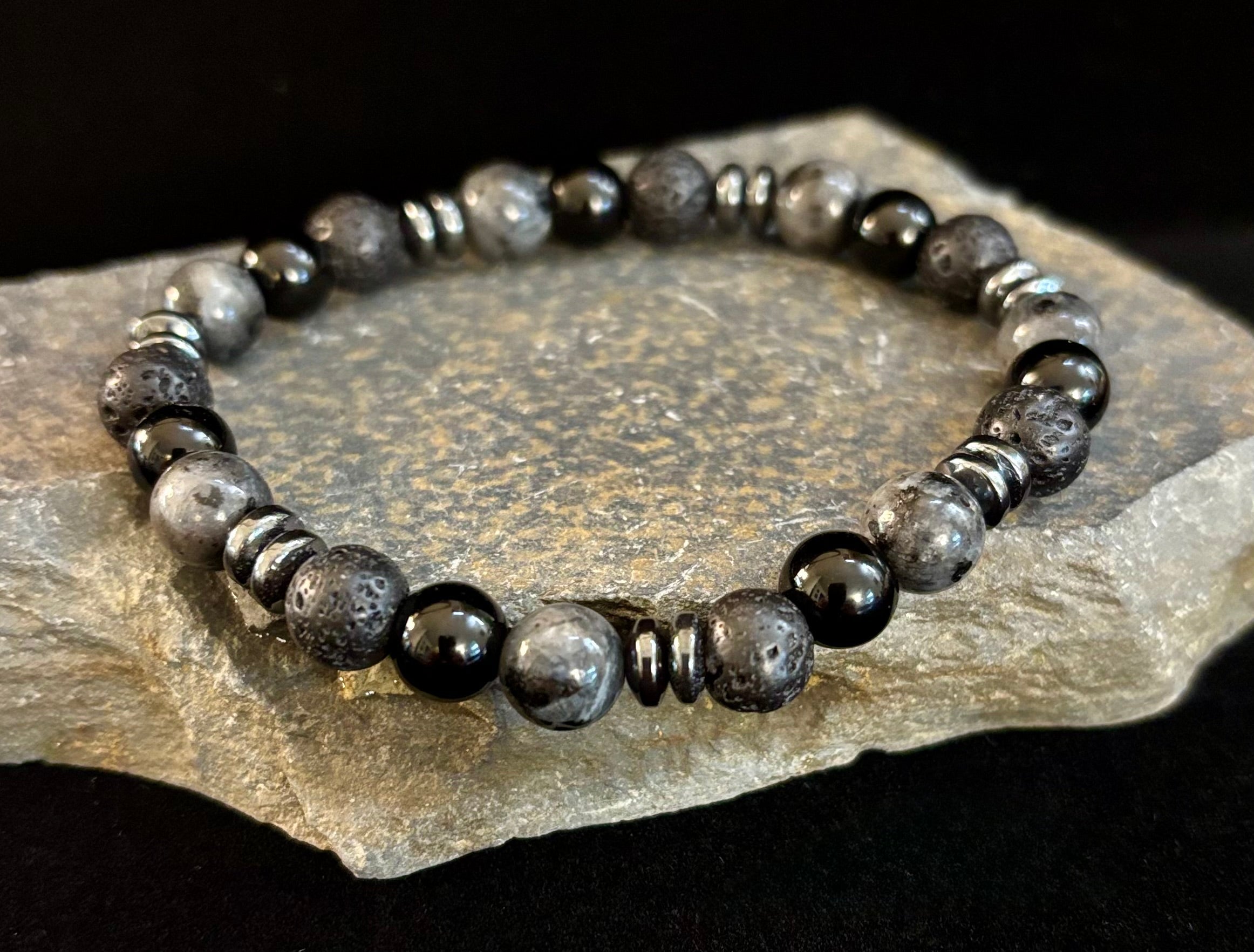 Men's Mystic Warrior Bracelet – Labradorite, Black Onyx & Lava Rock with Black Metal Spacers (Fits Large Wrists) | | Wiccan Center
