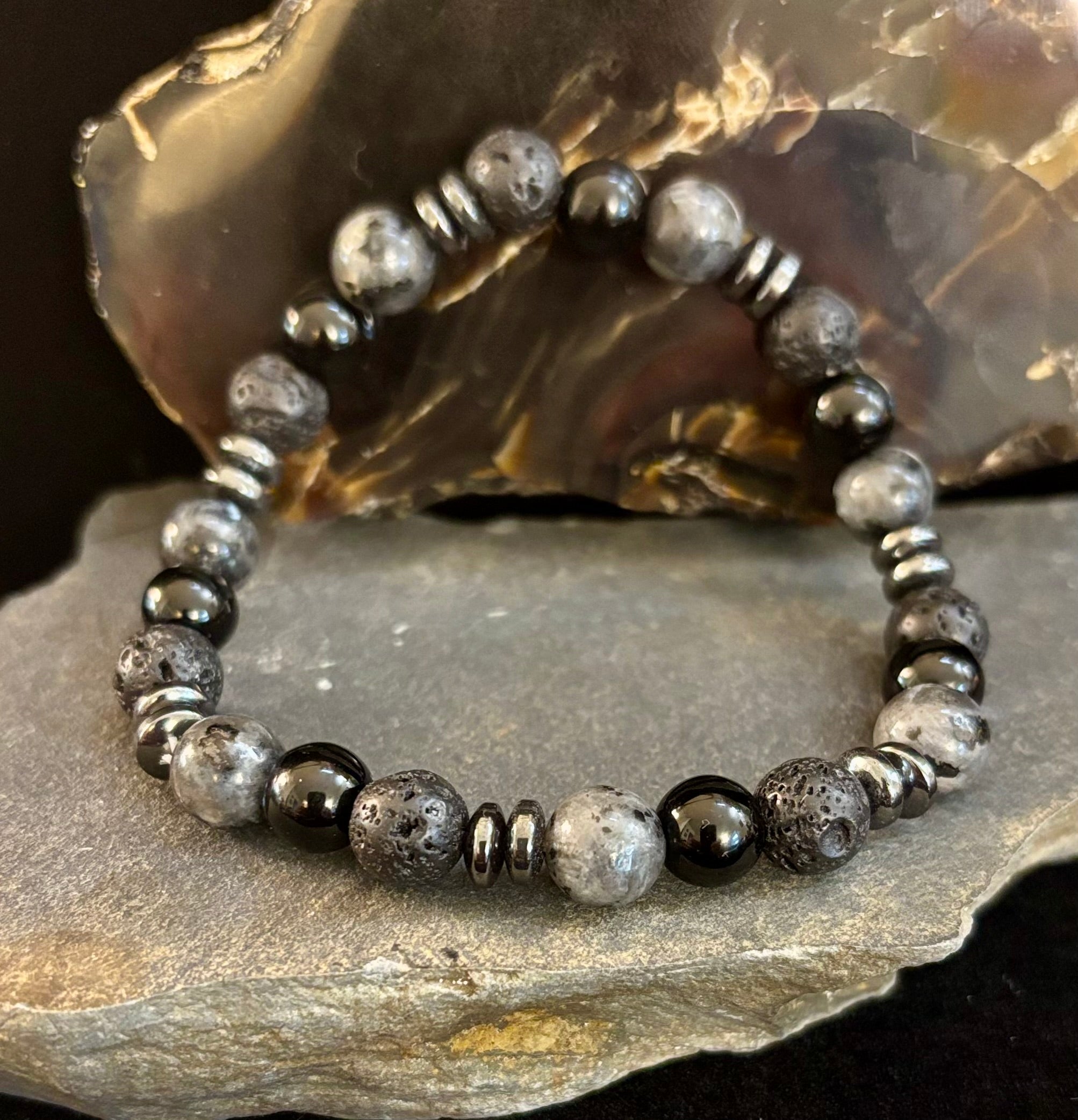 Men's Mystic Warrior Bracelet – Labradorite, Black Onyx & Lava Rock with Black Metal Spacers (Fits Large Wrists) | | Wiccan Center