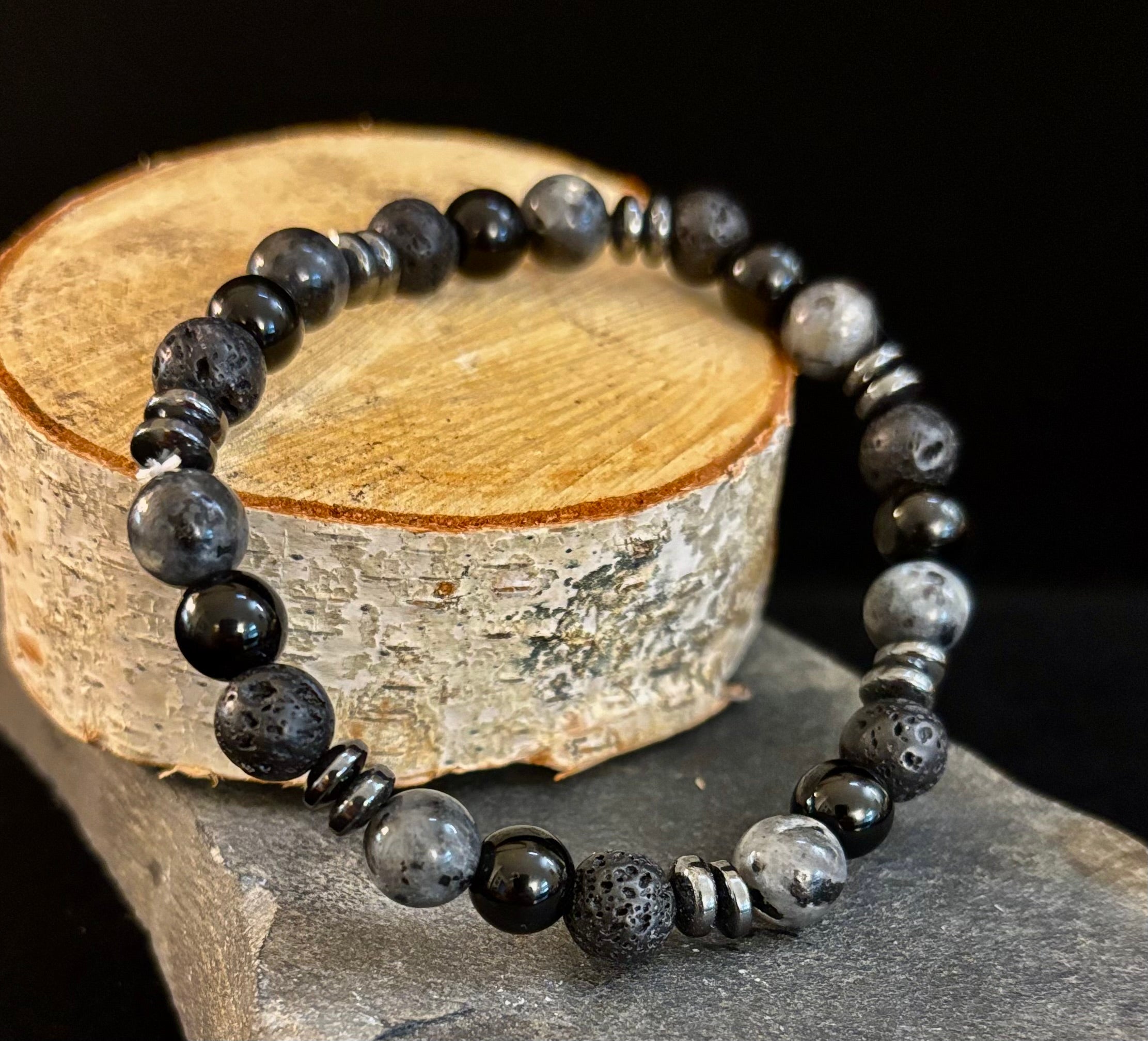 Men's Mystic Warrior Bracelet – Labradorite, Black Onyx & Lava Rock with Black Metal Spacers (Fits Large Wrists) | | Wiccan Center