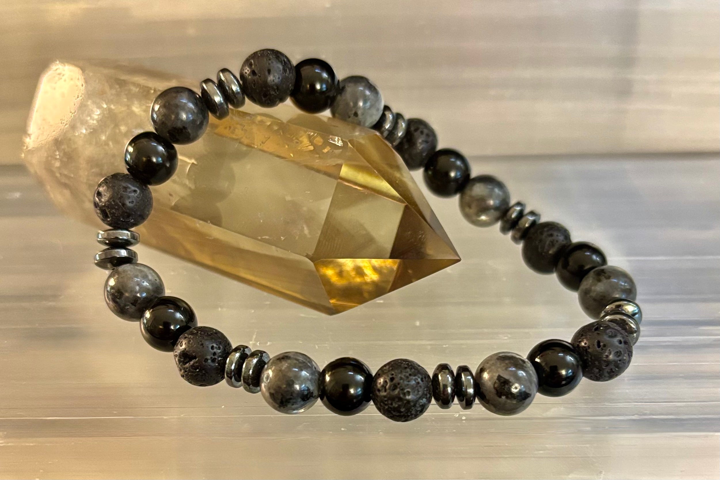 Men's Mystic Warrior Bracelet – Labradorite, Black Onyx & Lava Rock with Black Metal Spacers (Fits Large Wrists) | | Wiccan Center