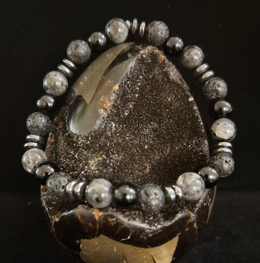 Men's Mystic Warrior Bracelet – Labradorite, Black Onyx & Lava Rock with Black Metal Spacers (Fits Large Wrists) | | Wiccan Center