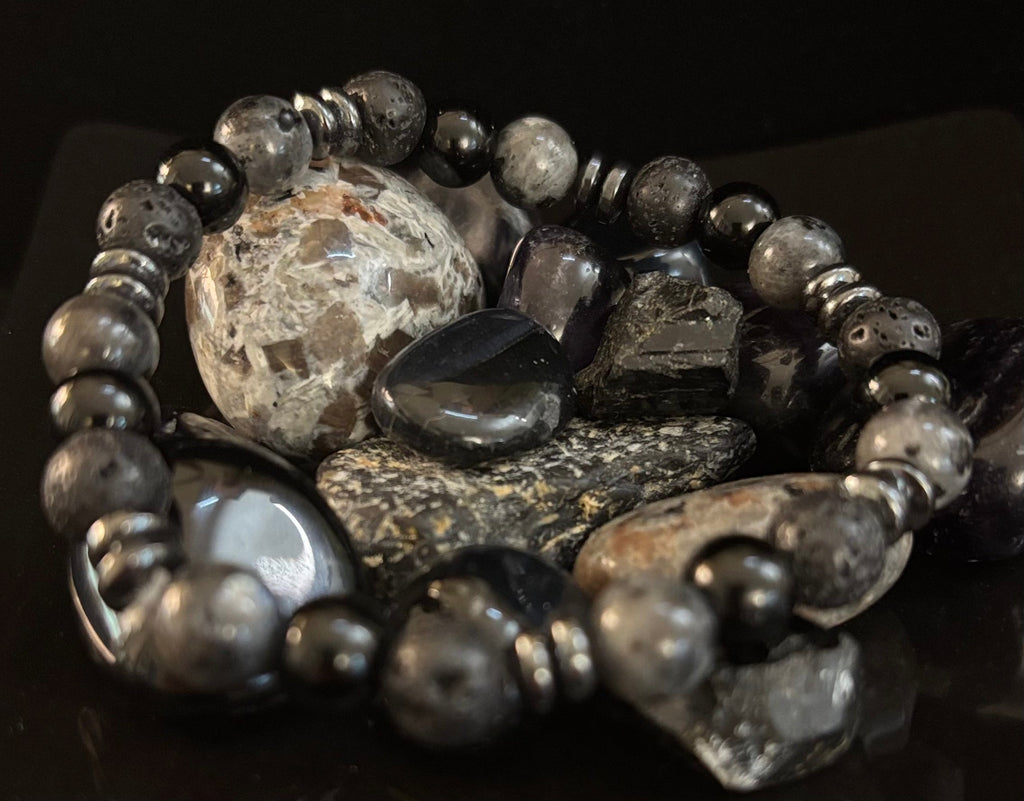 Men's Mystic Warrior Bracelet – Labradorite, Black Onyx & Lava Rock with Black Metal Spacers (Fits Large Wrists) | | Wiccan Center