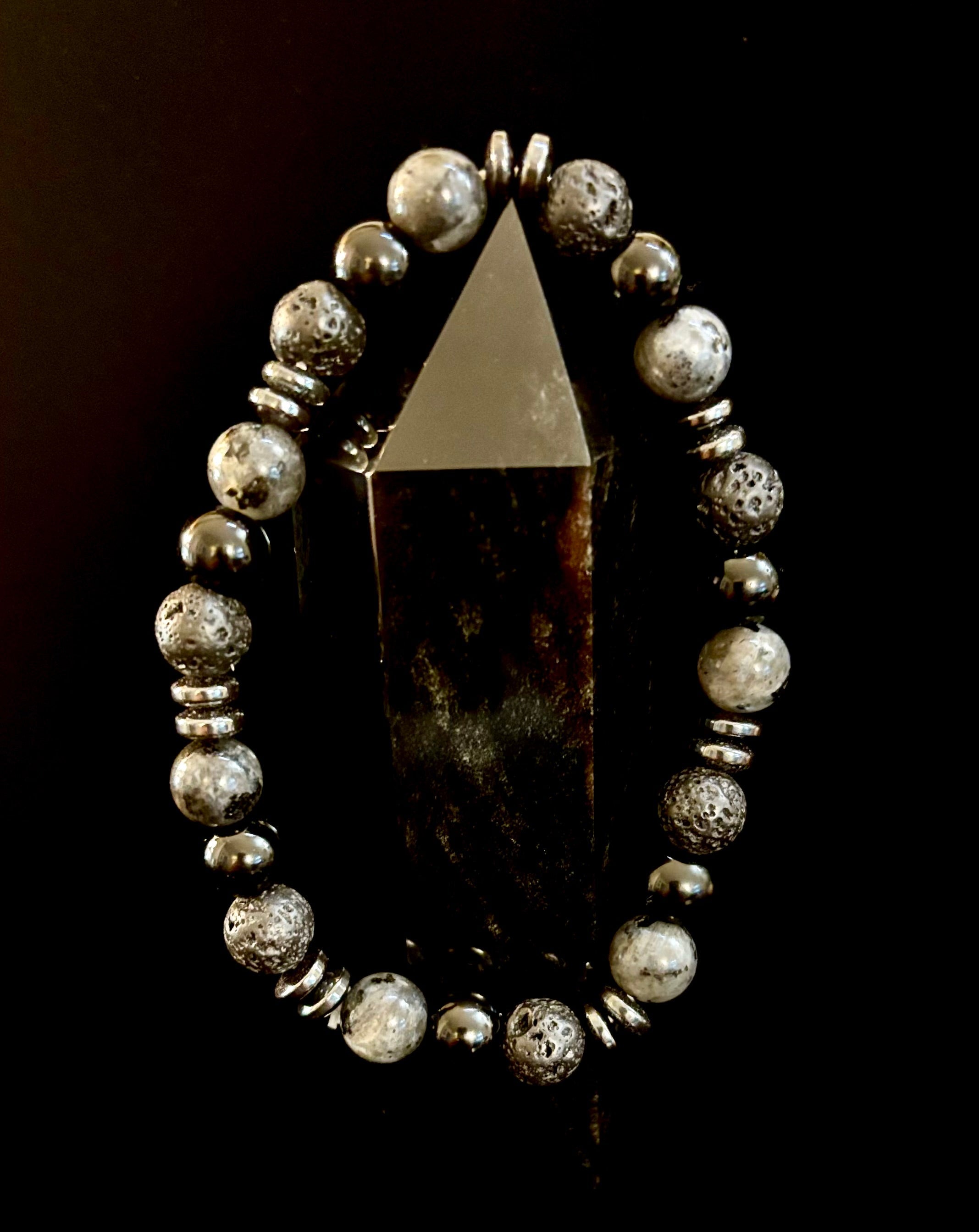Men's Mystic Warrior Bracelet – Labradorite, Black Onyx & Lava Rock with Black Metal Spacers (Fits Large Wrists) | | Wiccan Center