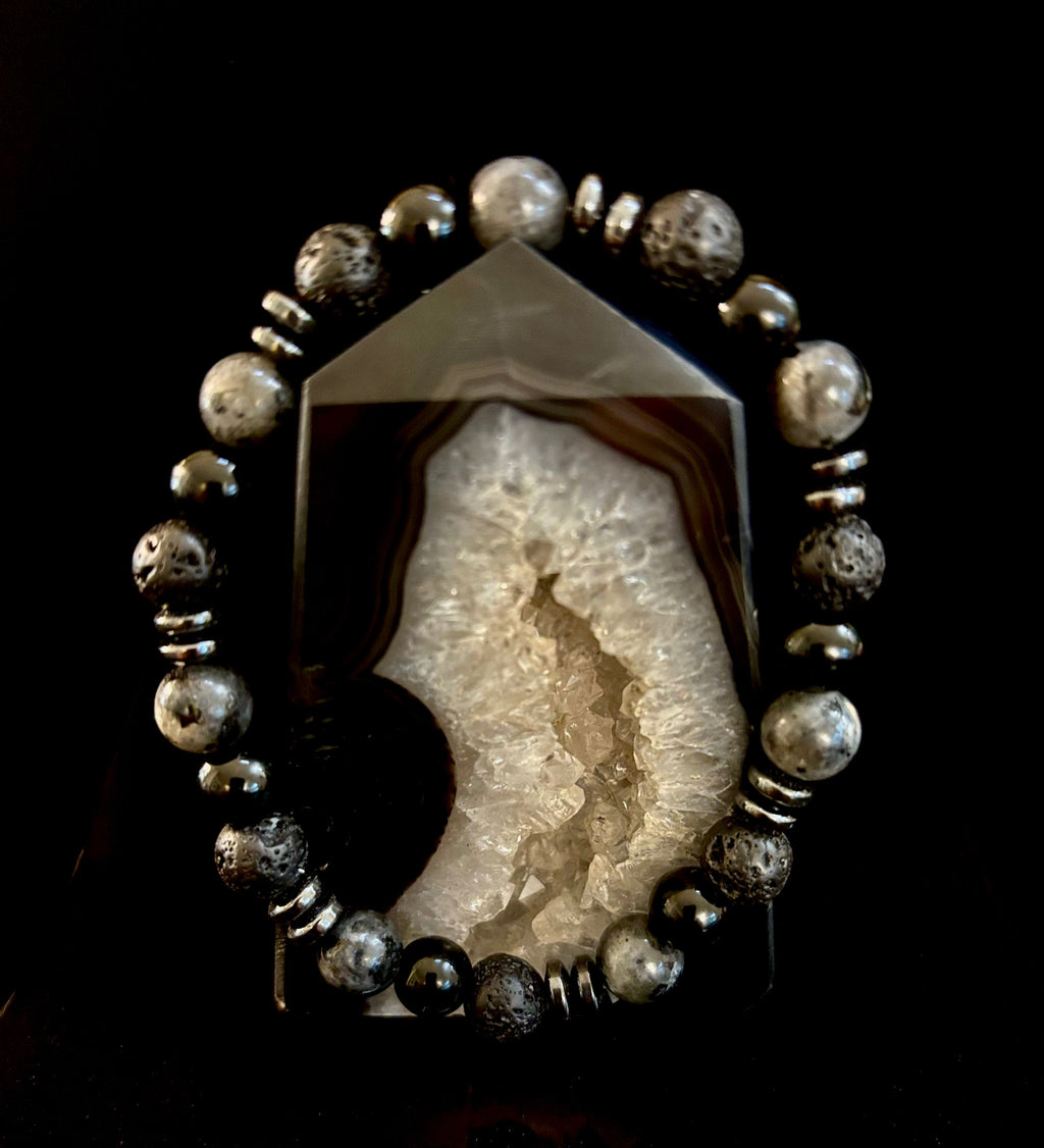 Men's Mystic Warrior Bracelet – Labradorite, Black Onyx & Lava Rock with Black Metal Spacers (Fits Large Wrists) | | Wiccan Center