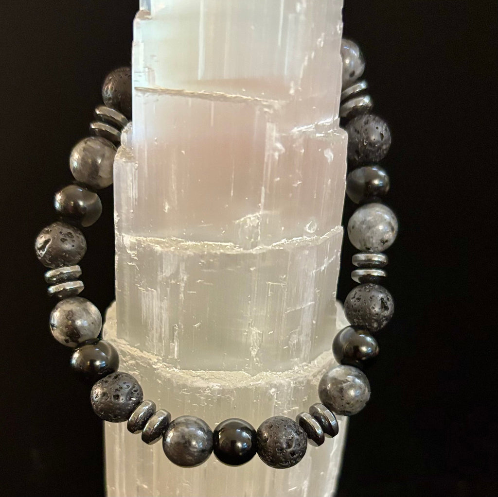 Men's Mystic Warrior Bracelet – Labradorite, Black Onyx & Lava Rock with Black Metal Spacers (Fits Large Wrists) | | Wiccan Center