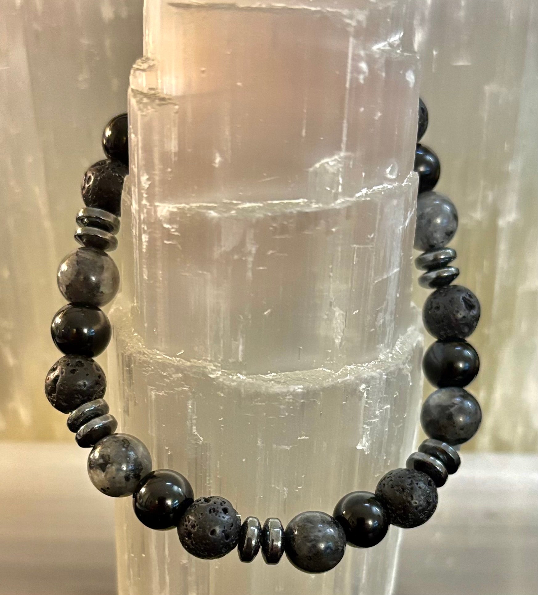 Men's Mystic Warrior Bracelet – Labradorite, Black Onyx & Lava Rock with Black Metal Spacers (Fits Large Wrists) | | Wiccan Center