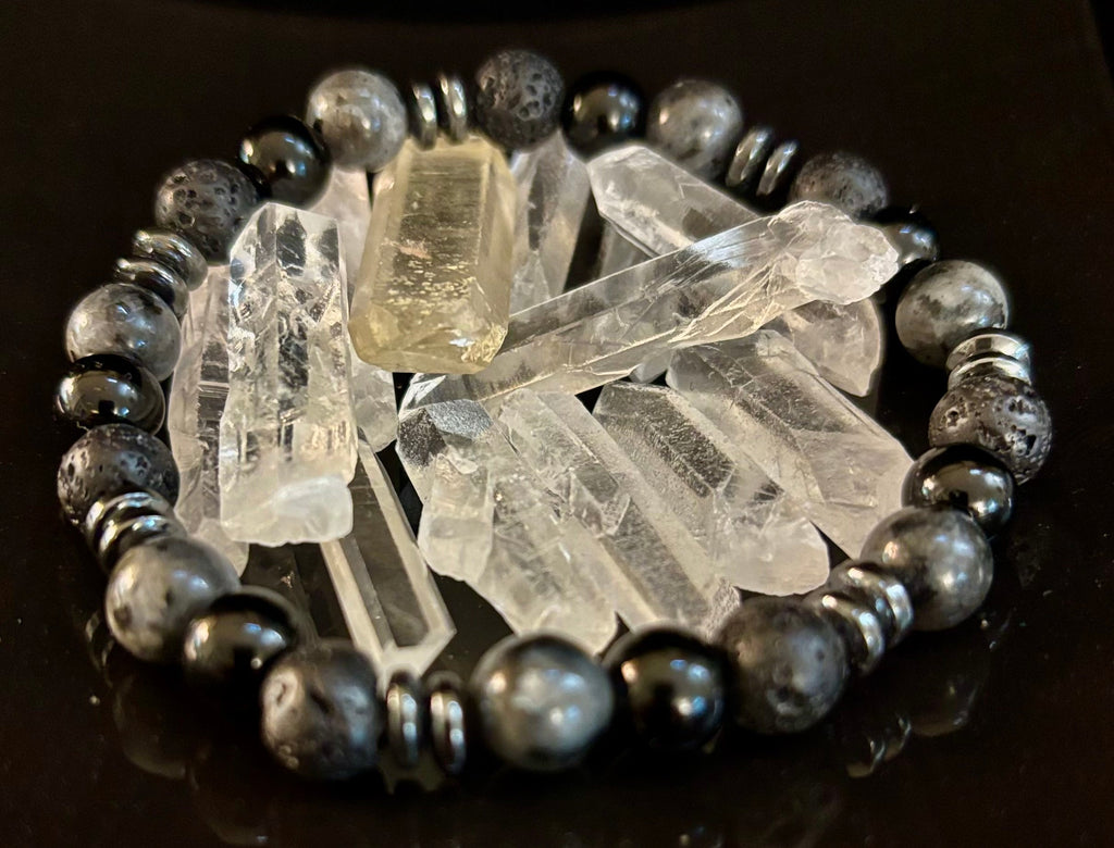Men's Mystic Warrior Bracelet – Labradorite, Black Onyx & Lava Rock with Black Metal Spacers (Fits Large Wrists) | | Wiccan Center