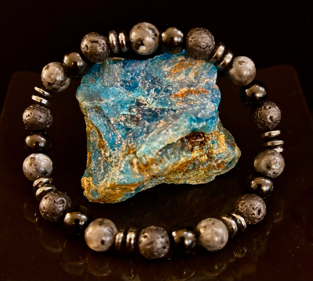 Men's Mystic Warrior Bracelet – Labradorite, Black Onyx & Lava Rock with Black Metal Spacers (Fits Large Wrists) | | Wiccan Center