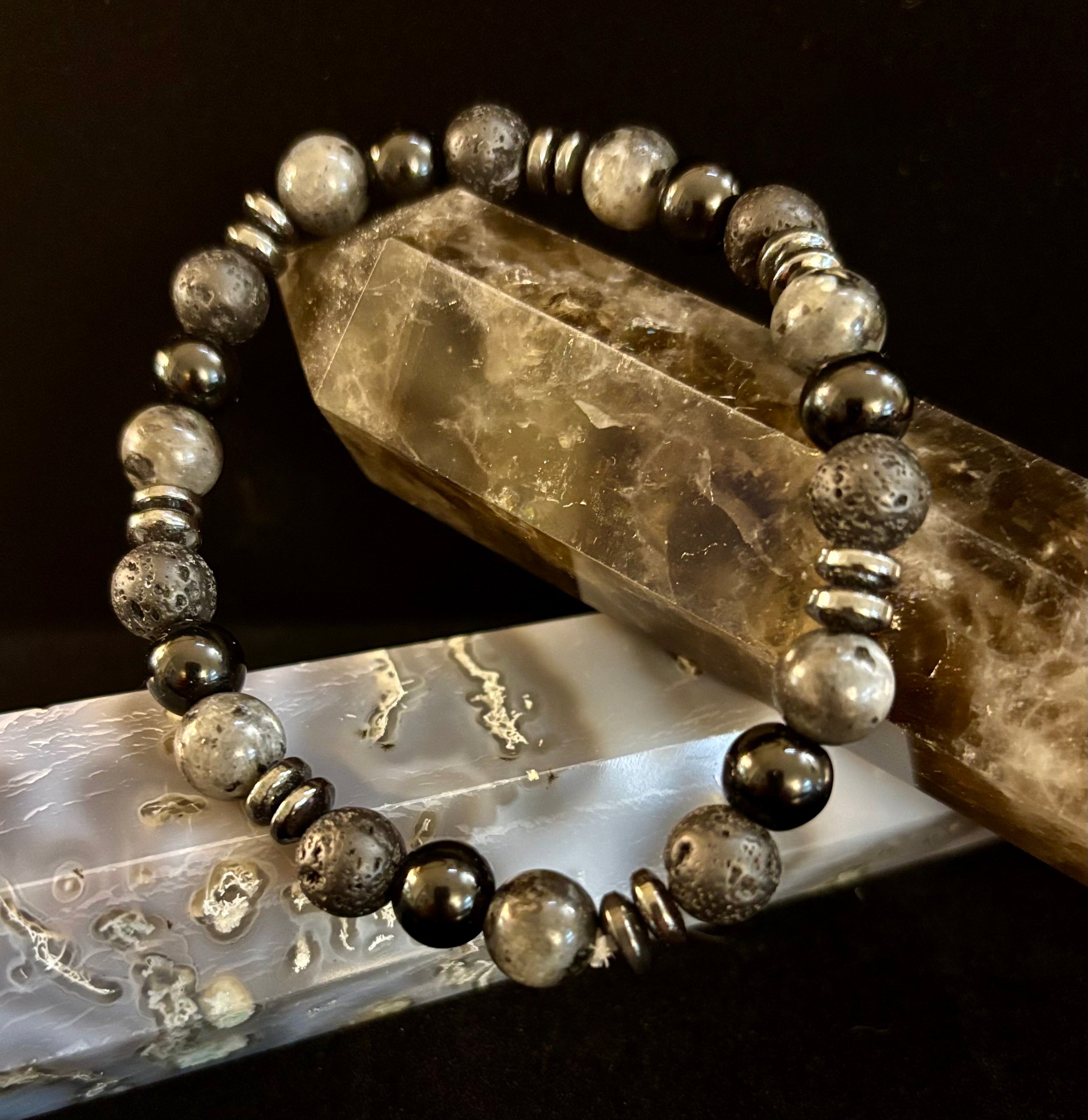 Men's Mystic Warrior Bracelet – Labradorite, Black Onyx & Lava Rock with Black Metal Spacers (Fits Large Wrists) | | Wiccan Center