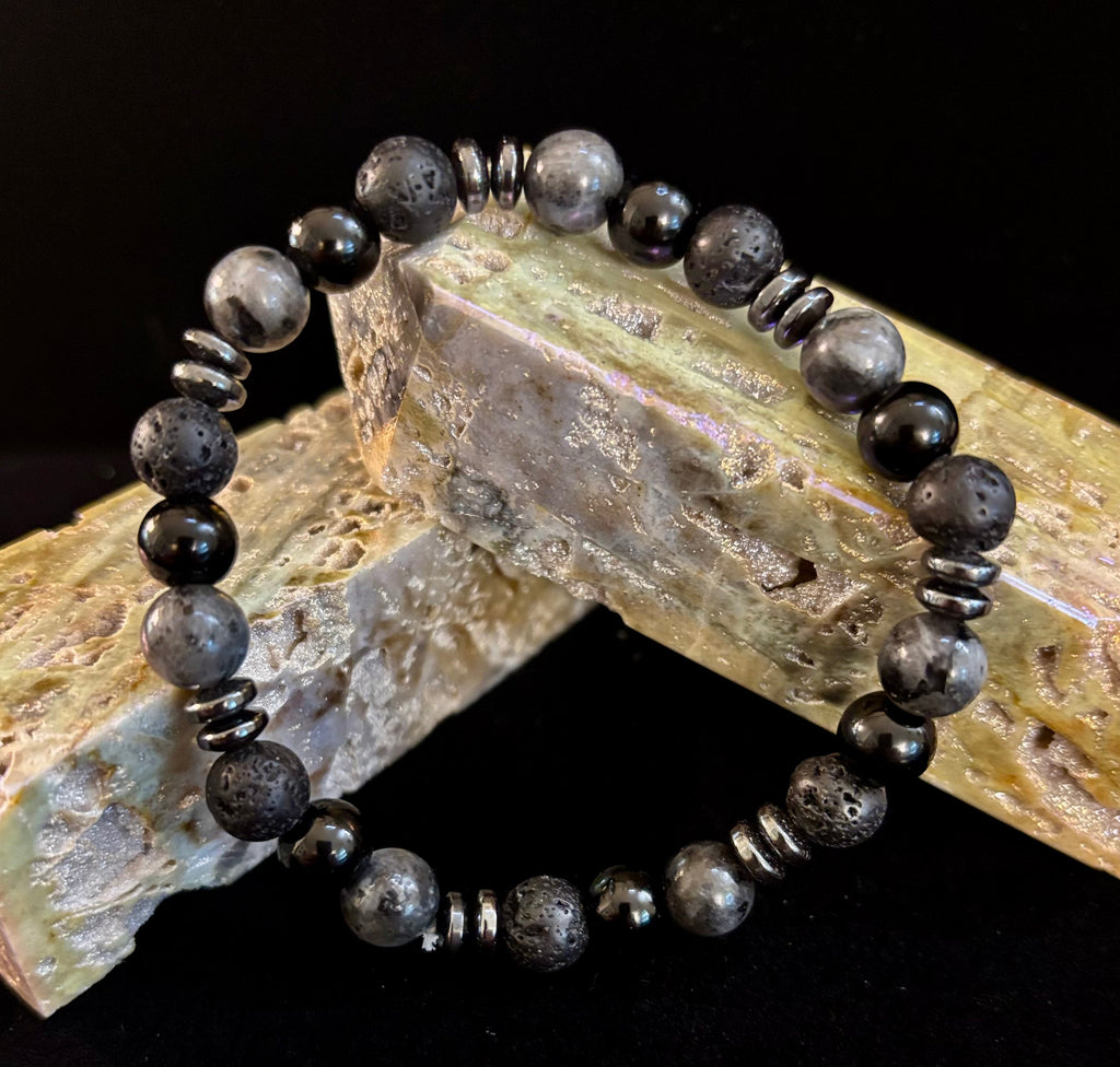 Men's Mystic Warrior Bracelet – Labradorite, Black Onyx & Lava Rock with Black Metal Spacers (Fits Large Wrists) | | Wiccan Center