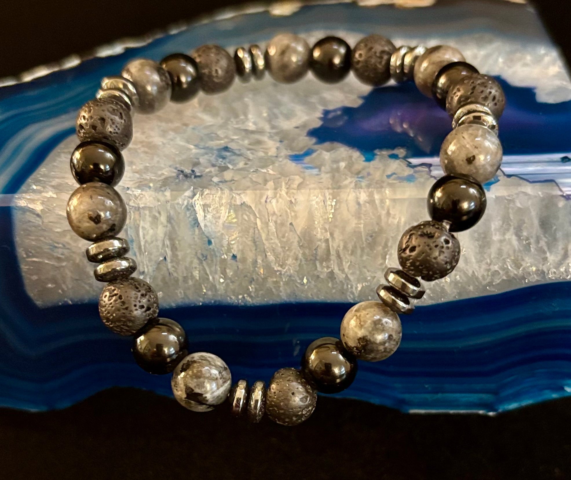 Men's Mystic Warrior Bracelet – Labradorite, Black Onyx & Lava Rock with Black Metal Spacers (Fits Large Wrists) | | Wiccan Center