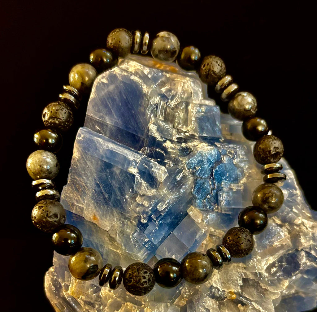 Men's Mystic Warrior Bracelet – Labradorite, Black Onyx & Lava Rock with Black Metal Spacers (Fits Large Wrists) | | Wiccan Center