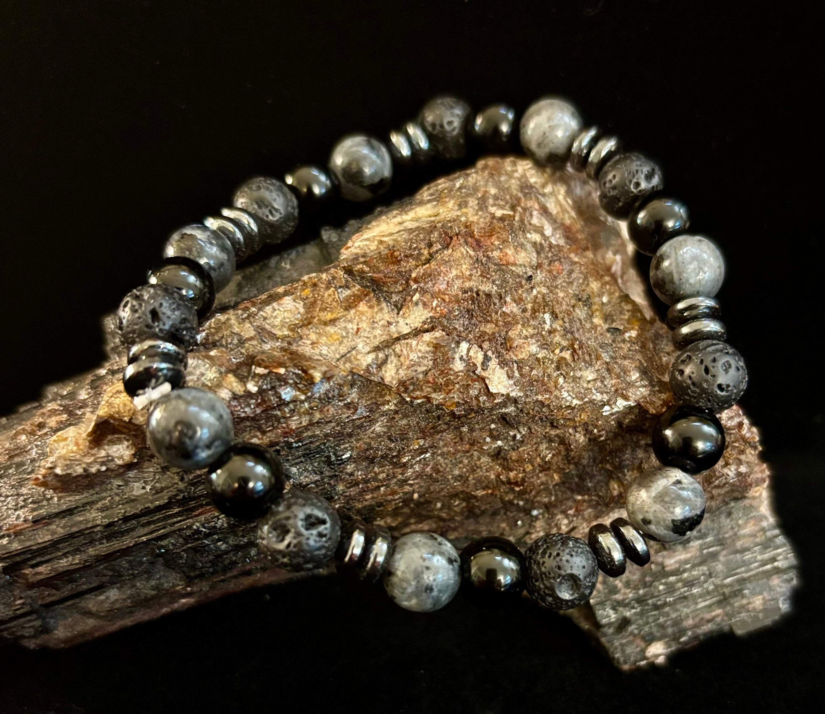 Men's Mystic Warrior Bracelet – Labradorite, Black Onyx & Lava Rock with Black Metal Spacers (Fits Large Wrists) | | Wiccan Center